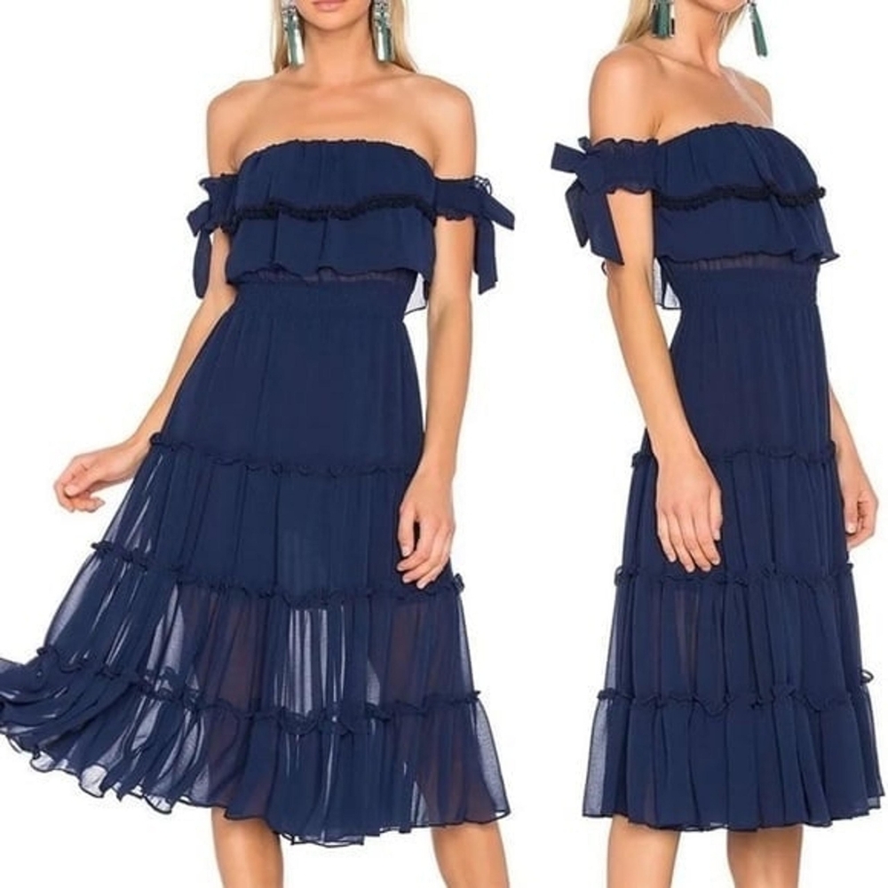 Misa Los Angeles Navy Off-Shoulder Midi Dress